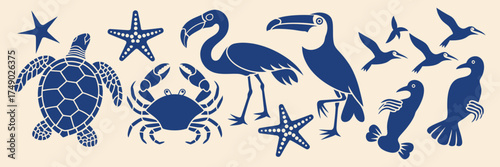 Tropical marine wildlife silhouette vector set in bold blue including crab turtle flamingo toucan lobster starfish and birds perfect for summer beach poster sticker and design projects