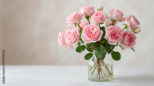 Pink roses arrangement in a glass vase, with white roses and small leaves, against a white background.