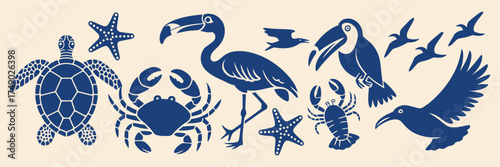 Tropical marine wildlife silhouette vector set in bold blue including crab turtle flamingo toucan lobster starfish and birds perfect for summer beach poster sticker and design projects