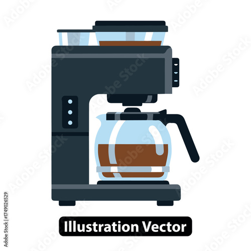 Flat design illustration of a modern coffee maker with a glass carafe filled with coffee