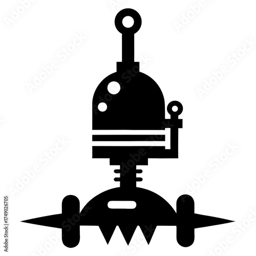 Retro sci fi robot silhouette with wheels and antenna