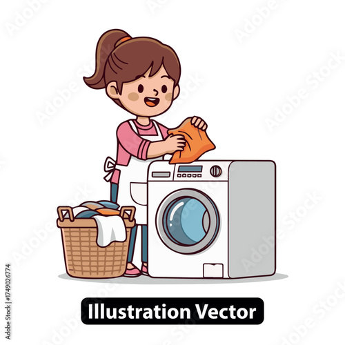 Joyful woman performing daily laundry tasks, efficiently loading clothes into a modern washing machine appliance