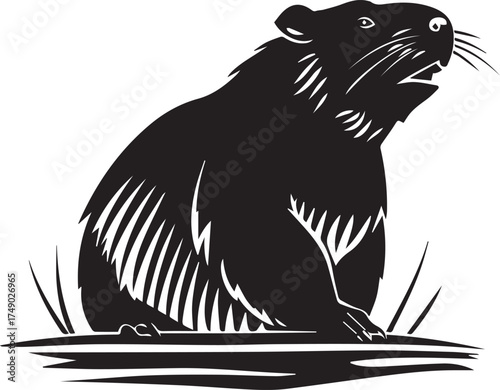 Black and white illustration of a beaver sitting in grass, isolated on white background