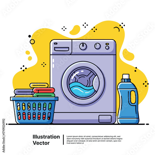 Laundry day concept with a front-loading washing machine, a basket of clean clothes, and detergent