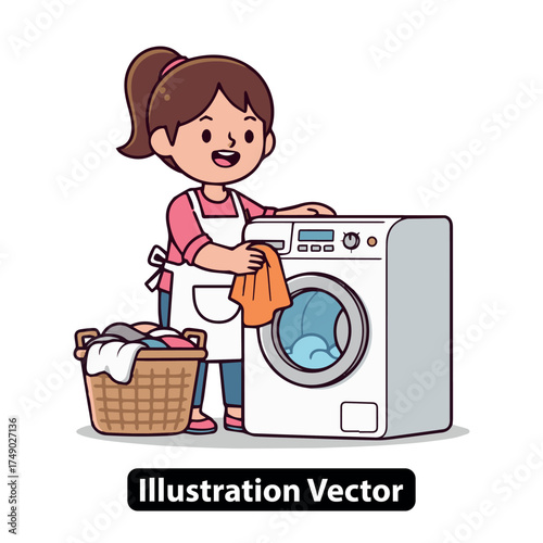 Young woman doing laundry, loading clothes into a washing machine, and a basket of laundry nearby