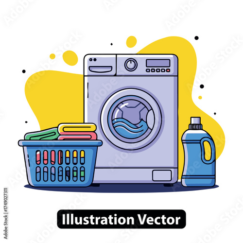 Laundry service illustration featuring washing machine, clothes basket, and detergent bottle with yellow background