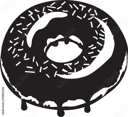 Black and white illustration of a donut with sprinkles isolated on white background