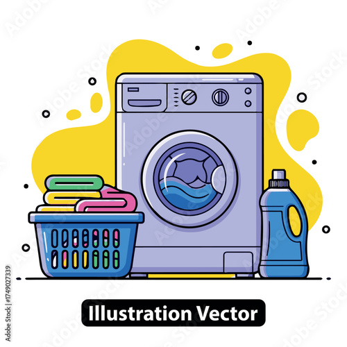 Laundry room interior with washing machine basket and detergent bottle