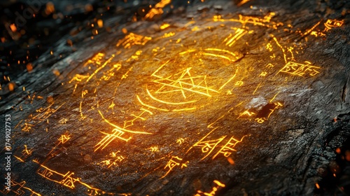 Radiant Golden Runes Etched into Volcanic Rock, Emitting Fiery Sparks and Energy