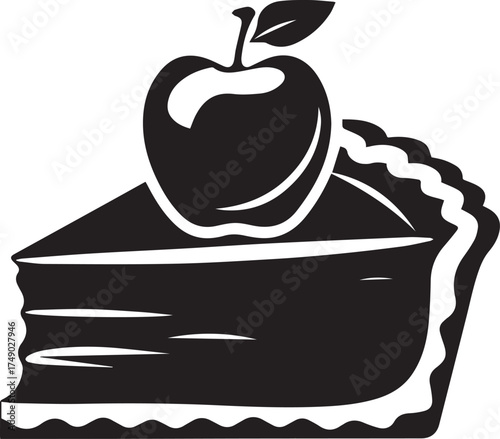 Slice of apple pie with a shiny apple on top, isolated on white background