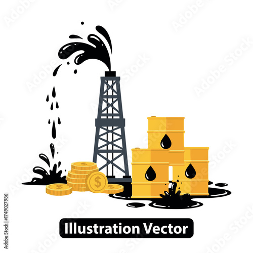 Oil industry concept with a gushing derrick, barrels of petroleum, and gold coins for profit