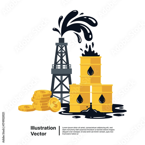 Oil Industry with Oil Rig, Oil Barrels, and Coins for the Economy and Energy