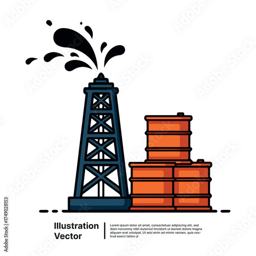 Oil Rig and Barrels Energy Production Illustration with Splashing Crude