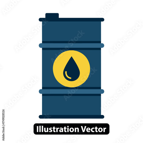 Industrial oil drum icon with yellow drop symbol, depicting energy resources and crude fuel storage for global markets