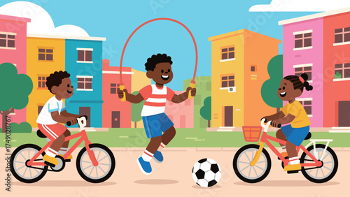 Children Playing Outdoors in a Colorful Neighborhood