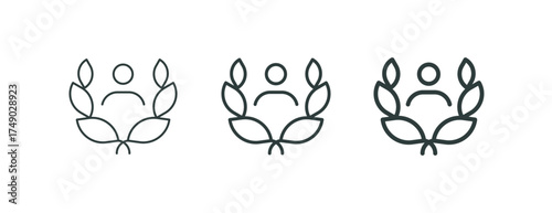 Success, leadership, excellence recognition outline icon. Minimalist line sign laurel wreath with person symbol. Vector isolated pictogram perfect for web app infographic business and social projects.