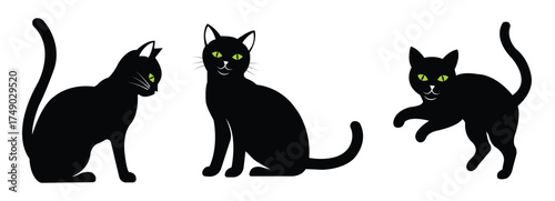 Black Cat Silhouettes with Green Eyes for Halloween Design on White Background