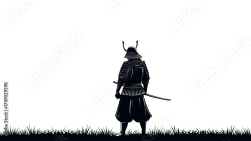 Silhouette of samurai warrior in traditional armor with katana sword standing on grass field isolated on white background, Japanese culture symbol, martial arts concept, vector illustration