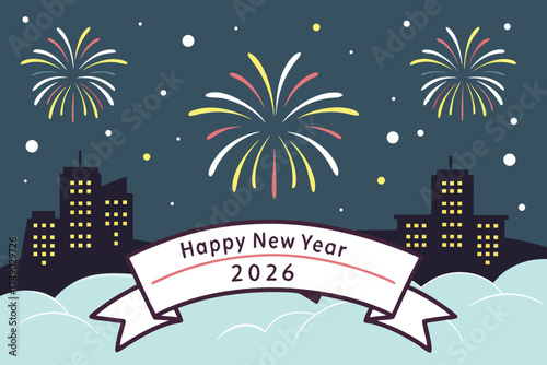 Vector art of happy new year 2026 fireworks over cityscape with colorful celebration