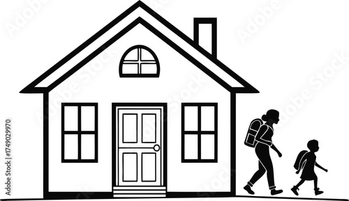 Mother and child walking to school from home representing family life and the start of a new school day