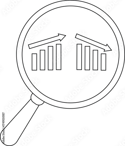 A magnifying glass highlights two bar graphs with opposing upward and downward trending arrows