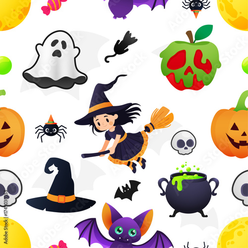 Seamless pattern featuring various cute Halloween elements on a white background.