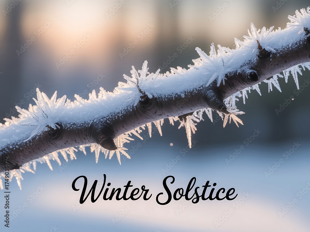 Obraz premium Delicate frost crystals sparkle on a bare tree branch with soft golden sunlight in the background during winter solstice