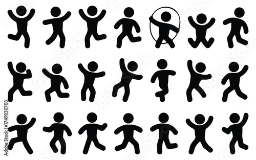 Happy People Silhouette – stick figure crowd celebration, joyful movement dance, community excitement vector icon