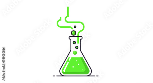 Green liquid bubbling in a laboratory flask with vapor.
