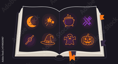 Open Spellbook with Glowing Halloween Icons on Dark Pages.