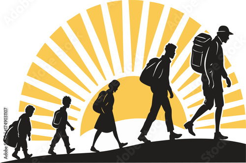Silhouetted figures of people walking uphill towards a bright sun symbolizing growth and progress together