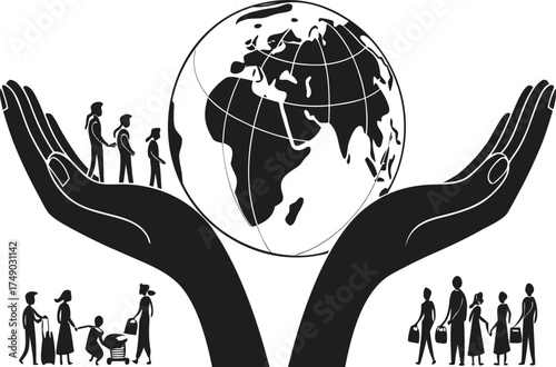 Protecting our world two hands holding a globe with people migrating and families seeking a better future