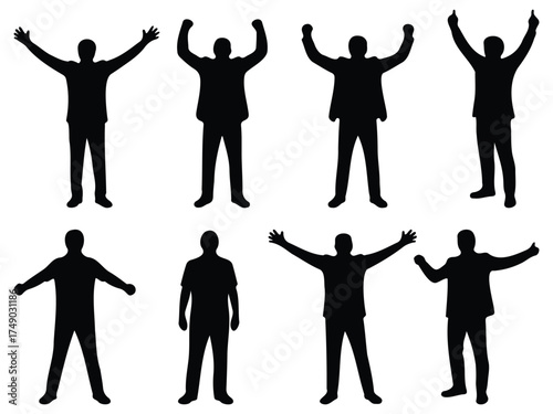 Victory Pose Silhouette – people celebrating success, raised hand gesture vector illustration, confidence and achievement symbol