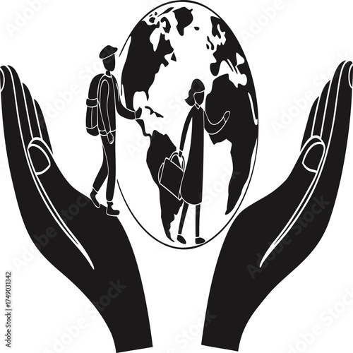Global connection illustrated by people walking around the world held in caring hands in black and white