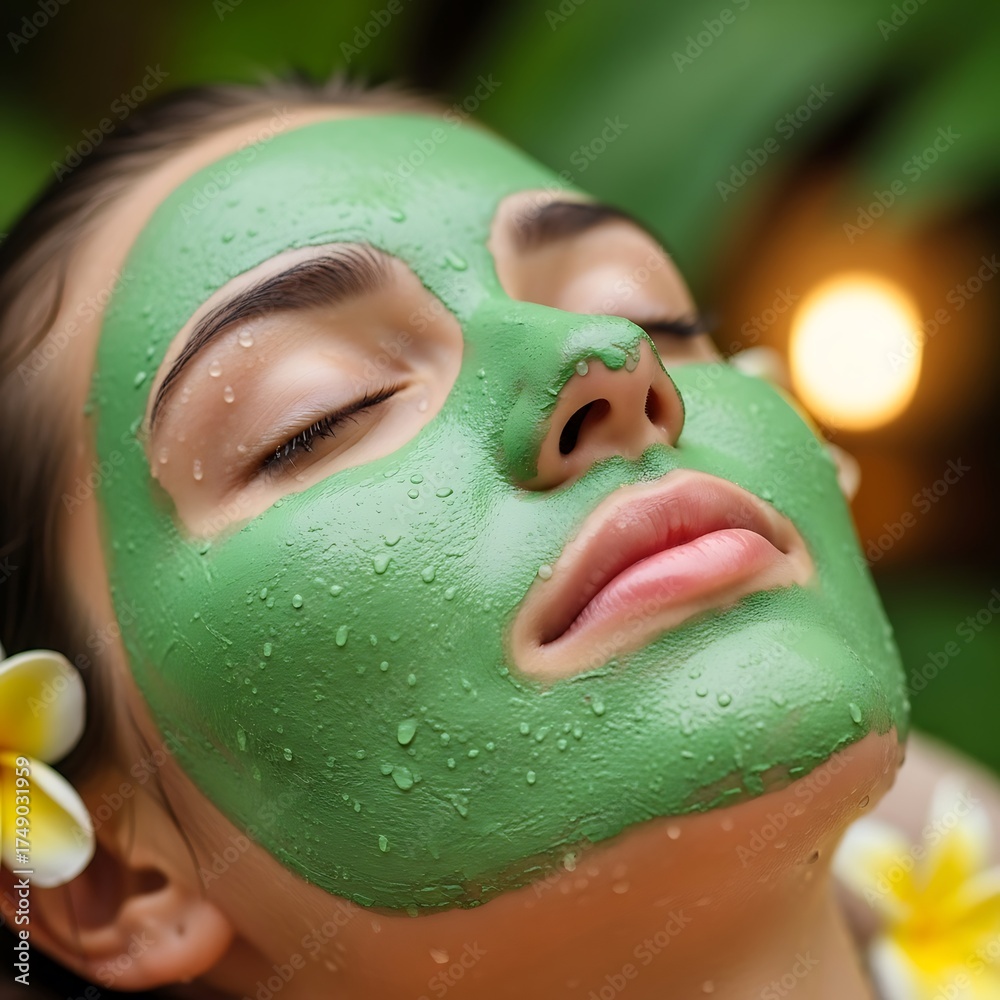 Fototapeta premium Womans Relaxing Spa Day - Green Facial Mask and Tropical Flowers.
