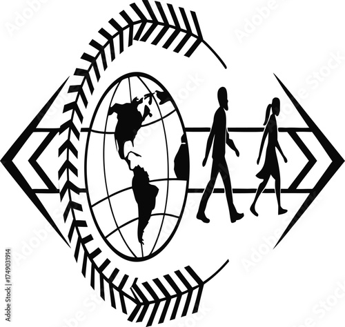 Global collaboration and progress symbolized by people walking across the world in a stylized design