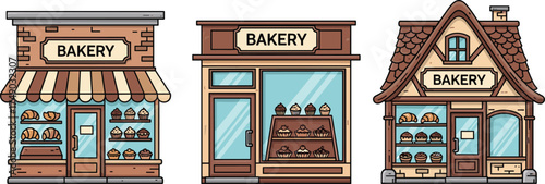 Cartoon bakery storefronts, brick shop, modern pastry store, cottage bakery, cupcakes display, bread window, cute vector, white background, illustration