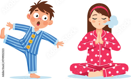 Cartoon boy and girl in pajamas doing morning mindfulness, meditation, breathing exercise, balance pose, kids wellness, bedtime routine illustration