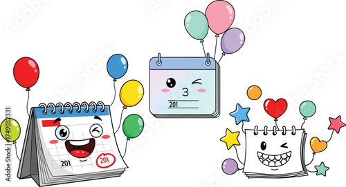 Cartoon calendar characters, happy face, balloons, stars, celebration, school event, colorful date, fun illustration, kids design, cheerful mood