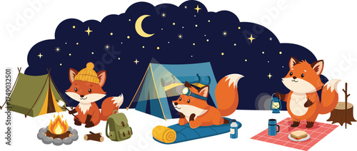 Cartoon fox camping at night, tent, campfire, lantern, sleeping mat, forest stars moon, cozy animal adventure, children illustration