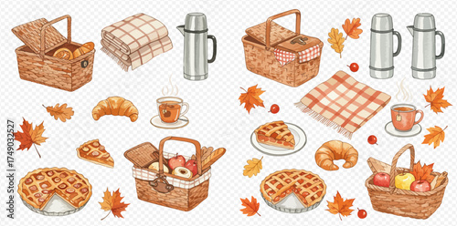 Watercolor illustration set of autumn picnic essentials including baskets, blankets, thermoses, pies, croissants, and fall leaves.