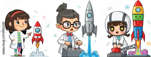 Cartoon kids doing rocket science, STEM experiment, astronaut suit, lab coat, launching rockets, science icons, educational illustration, white background