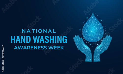 Low-poly futuristic banner concept for handwashing awareness, showing stylized human hands and a neon water droplet on a modern blue digital background. Social media and background design template.