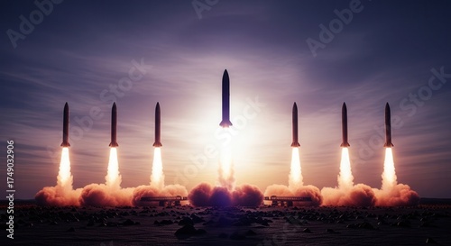 Seven powerful ballistic missiles launching simultaneously into a dramatic dawn sky