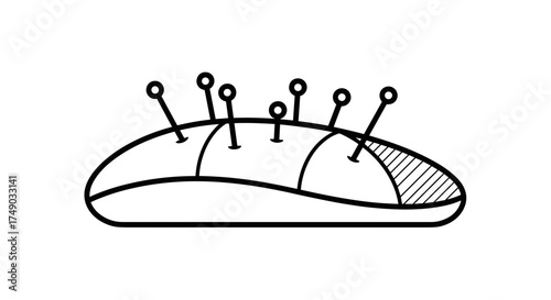 Sewing pin cushion with pins in minimalist line art style  