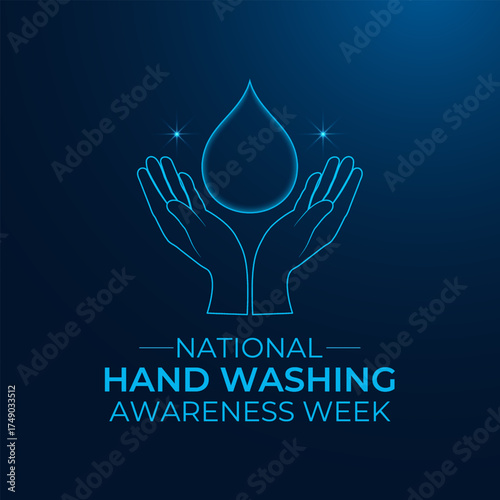 Low-poly futuristic banner concept for handwashing awareness, showing stylized human hands and a neon water droplet on a modern blue digital background. Social media and background design template.