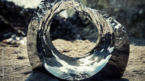 Abstract Glistening Sculpture on Rough Ground, Reflecting Environment with Distorted Textures