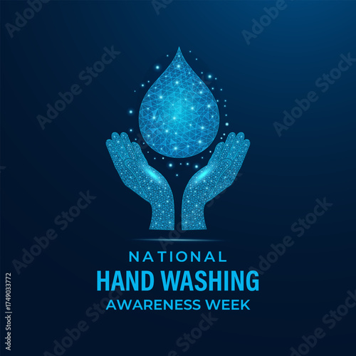 Low-poly futuristic banner concept for handwashing awareness, showing stylized human hands and a neon water droplet on a modern blue digital background. Social media and background design template.