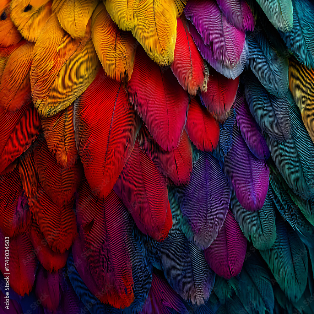 Obraz premium Vibrant and colorful macaw feathers display a beautiful pattern of texture and brilliant tropical hues.