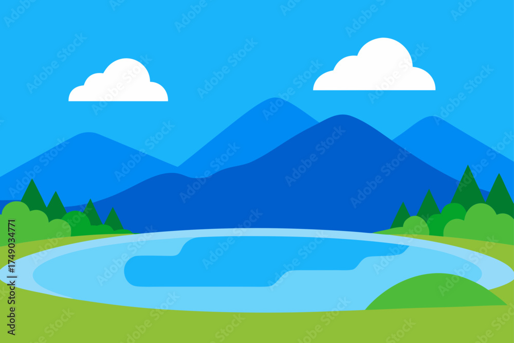 Fototapeta premium Vector Nature Landscape with Blue Lake under Cloudy Sky Illustration
